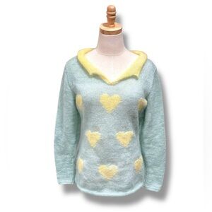 Vintage Retro Handknit Mohair Heart Pattern Sweater Buttercup Yellow Mint Green
